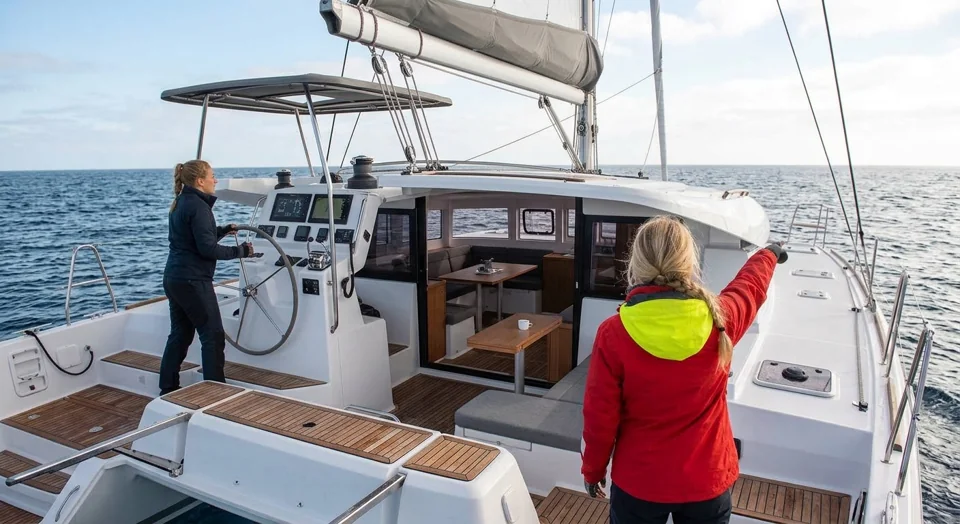 The cockpit, seating and deck of a Lagoon 42 sailing catamaran