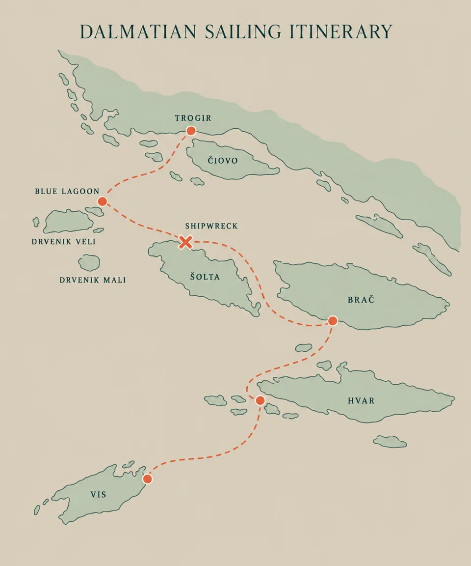 Suggested Dalmatian sailing route from Trogir to Blue Lagoon, Šolta, Brač, Hvar and the Pakleni islands
